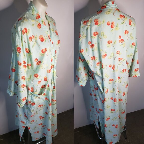 Vintage Soft Pistachio Green + Cherry Sheer Light Bath Sauna Spa Robe - Picture 2 of 7
